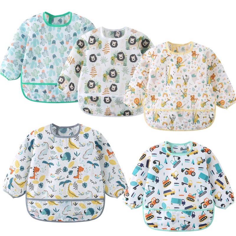 ElecMotive 5 Pack Long Sleeve Bib,Baby Toddler Waterproof Sleeved Bib for 6-30 Months Reusable with Catch-all Pocket - Image 1